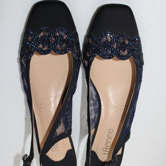 J.Renee Shoes - J. Renee Faleece Lace And Satin Slingback Block Heel Pumps Navy Size 8 M NWT's